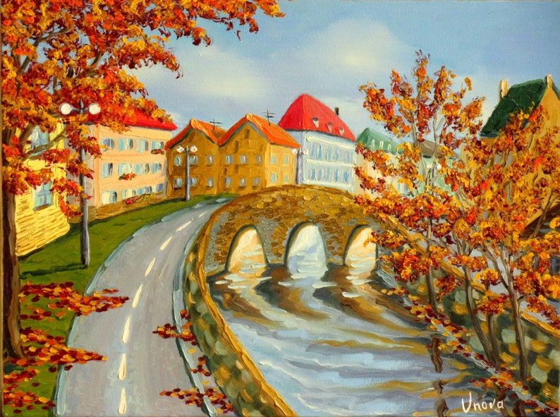 Original Oil Painting Europe City Scape Autumn Town Bridge Etsy