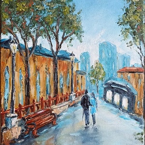 Original Oil Painting Cityscape Personalized Couple in love Walk after rain Love Park  Impasto Oil Contemporary Art Valentine&#39;s day Gift