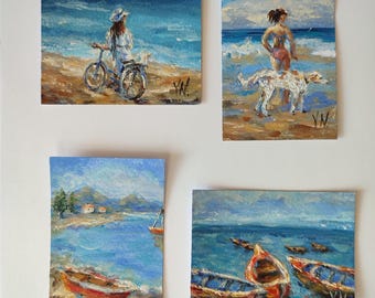 ACEO Original oil paintings aceo Original Art ACEO Cards Seashore Boats Girl Seascape Art miniature Artist trading cards 2.5 x 3.5 inch Gift