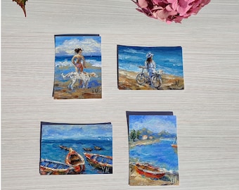 ACEO Pintura al óleo original aceo Arte original Tarjetas ACEO Playa Barcos Niña Paisaje marino Arte miniatura Tarjetas de intercambio de artistas 2.5 x 3.5 pulgadas Regalo
