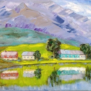 Original Oil Painting Mountain Landscape Norway Mountains Village by the Lake Impasto oil pallet knife painting Gift for him her Modern art