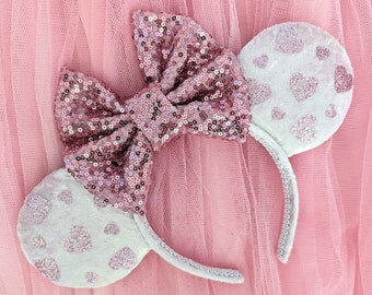 Design Your Own Valentines Glitter Heart Minnie Mouse Ears with Large Sequin Bow Custom Minnie Ears - Mouse Ears Headband - Love Heart Ears