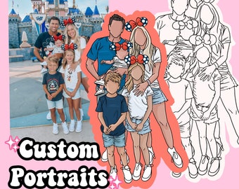 Custom Digital Portrait - Family Vacation Portrait - Lineart Illustration Portraits - Gift Ideas - Disney Vacation Memory Gifts