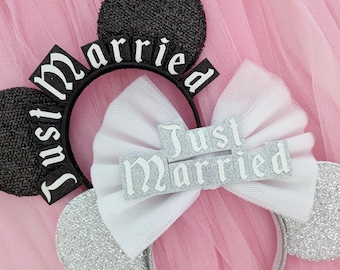Orejas de Minnie Mouse de Disneymoon con lazo de tul grande personalizado para recién casadas - Novia - Orejas de Minnie Mouse para novias - Orejas de Minnie Mouse para bodas "Felices para siempre"