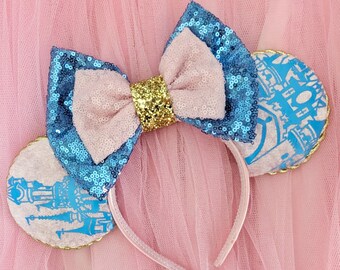 Ready to Post Castle Ears - Pink Velvet Ears - Disneyland Paris Minnie Mouse Ears - Sleeping Beauty Castle Ears - Sequin Bow Ears Pink Ears