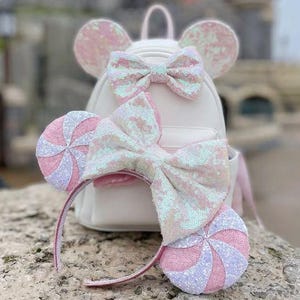Sequin Candy Cane Minnie Mouse Ears with large sequin bow - Choose from various colours Minnie Headband