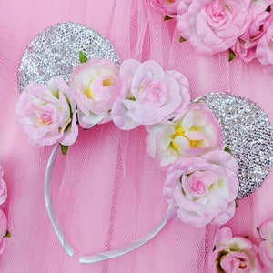 Silver Minnie Mouse ears with flower crown. Minnie Mouse headband Festival Headbands Fashion Headband suitable for all ages image 1