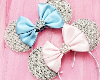 Sparkly Princess Minnie Mouse Ears with satin bow and Diamanté Crown Embellishment - Variety of colours to choose from!