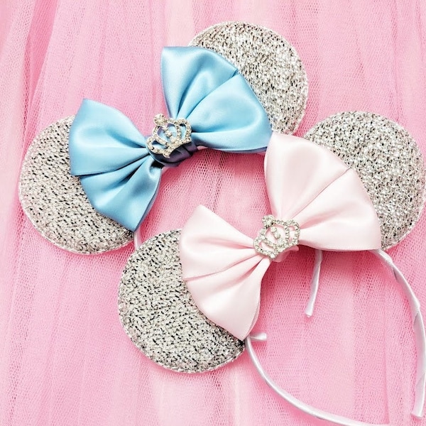 Sparkly Princess Minnie Mouse Ears with satin bow and Diamanté Crown Embellishment - Variety of colours to choose from!