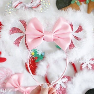 Fluffy Candy Cane Minnie Mouse Ears with satin bow - Xmas headband Christmas Minnie Headband - Christmas Accessories - Magical Headbands