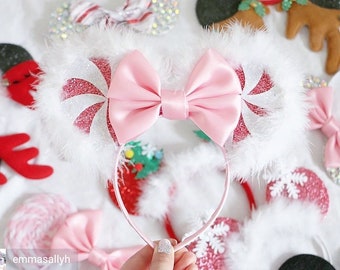 Fluffy Candy Cane Minnie Mouse Ears with satin bow - Xmas headband Christmas Minnie Headband - Christmas Accessories - Magical Headbands