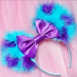 Made-To-Order Monsters Inspired Minnie Mouse Ears Satin Purple Bow Sulley Mickey Mouse Ears Fluffy Blue Ears Monster Academy Headband image 4