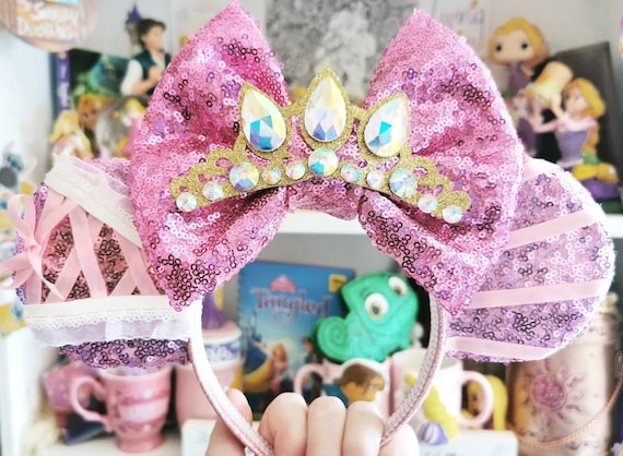 Handmade Rapunzel Minnie Ears: Sequin Bow & Crystal Tiara - Etsy