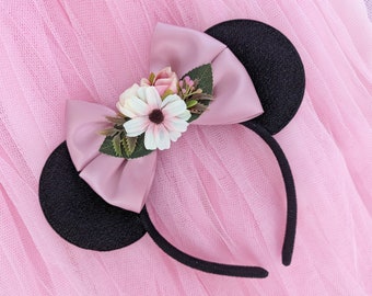 Ready To Post - Floral Minnie Mouse Ears - Pink Satin Bow - Flower and Garden Festival - Adult Minnie Ears - black mouse ears  vacation ears