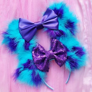 Made-To-Order Monsters Inspired Minnie Mouse Ears Satin Purple Bow Sulley Mickey Mouse Ears Fluffy Blue Ears Monster Academy Headband image 5