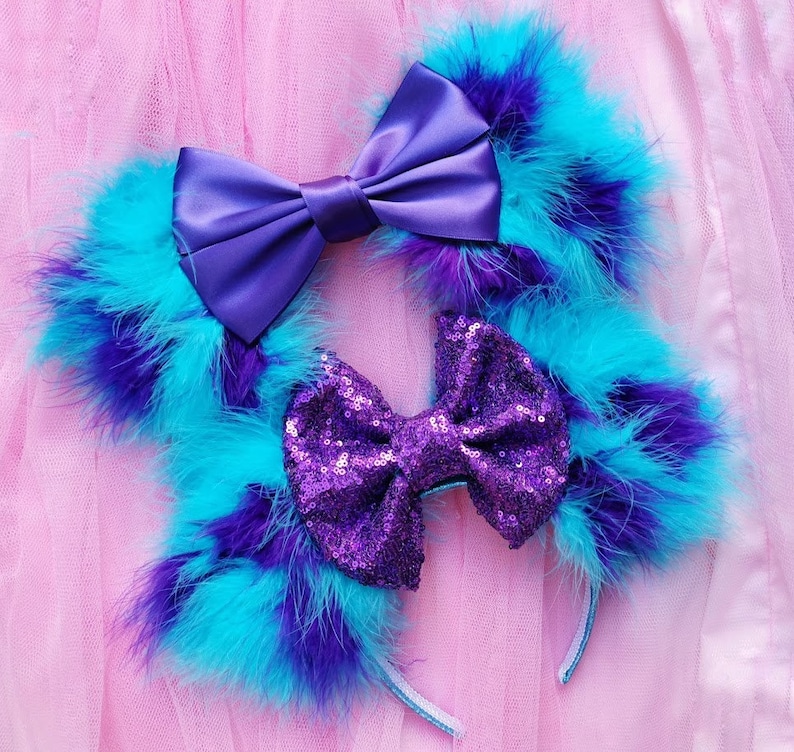 Made-To-Order Monsters Inspired Minnie Mouse Ears Satin Purple Bow Sulley Mickey Mouse Ears Fluffy Blue Ears Monster Academy Headband image 5