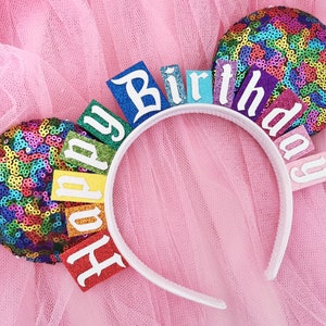 Happy Birthday Ears - Birthday Mickey Ears Headband - Rainbow Birthday Ears - LubyandLola - Rainbow Birthday Minnie Ears  Custom Minnie Ears