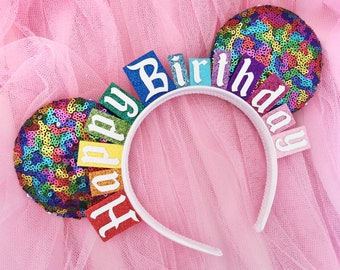 Happy Birthday Ears - Birthday Mickey Ears Headband - Rainbow Birthday Ears - LubyandLola - Rainbow Birthday Minnie Ears  Custom Minnie Ears