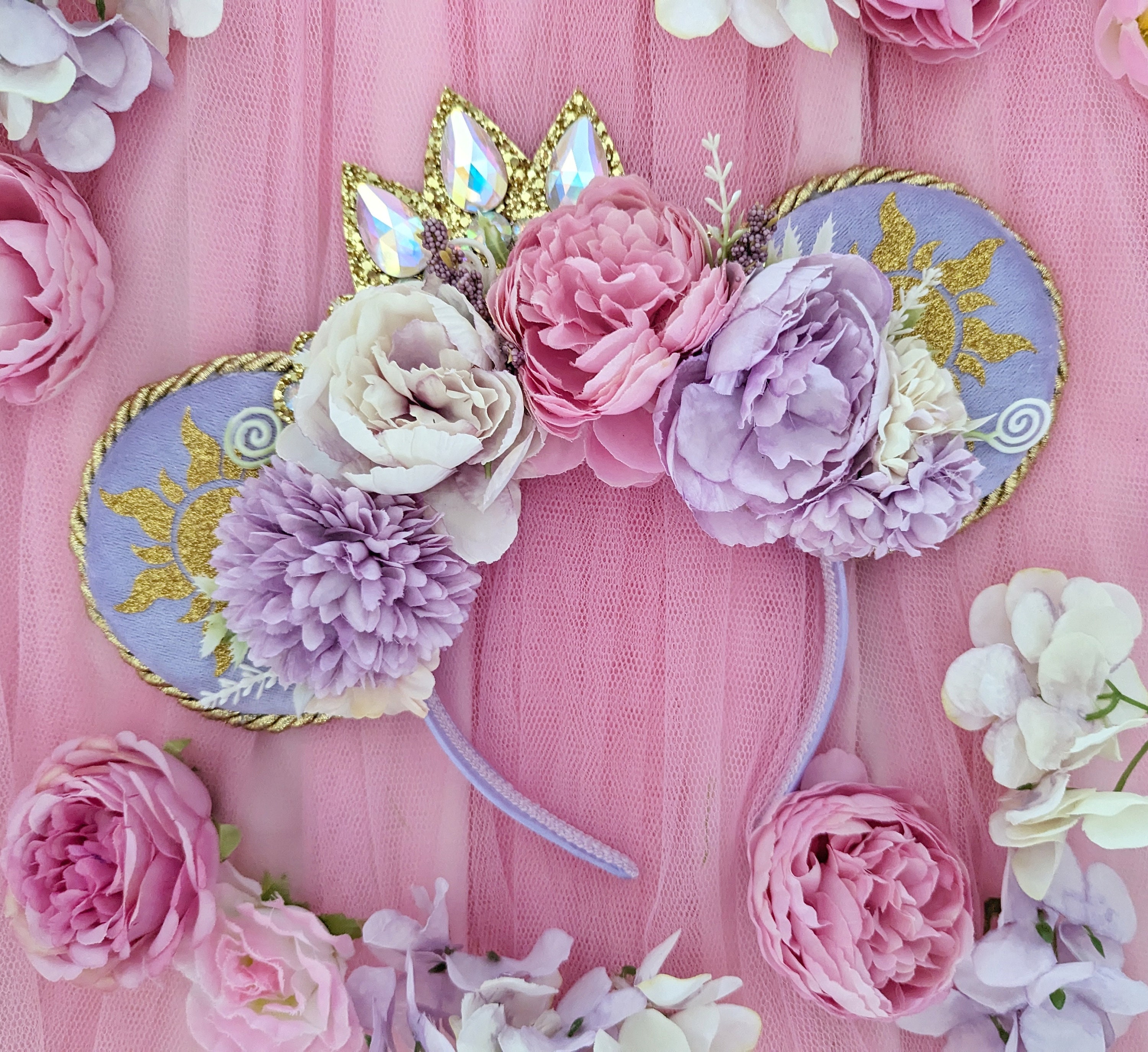 Rapunzel Ears With Crown Velvet Ears - Floral Minnie Mouse  display picture 1