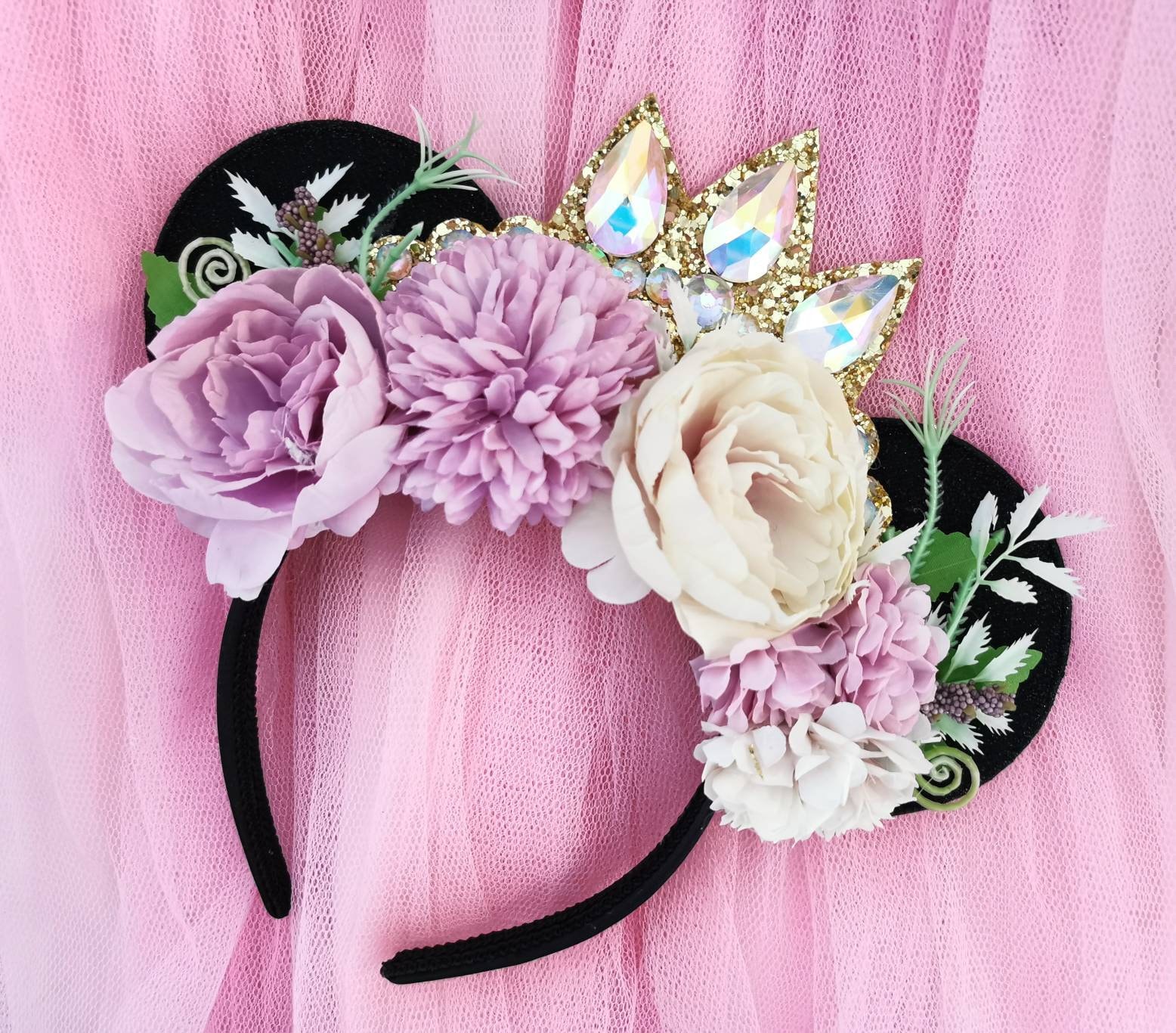 Colorful Floral Inspired Minnie Ears Headband with Bows & Sequins Disney Parks Minnie Ears Timeless Flower Polka Dot Blue and  main image 3