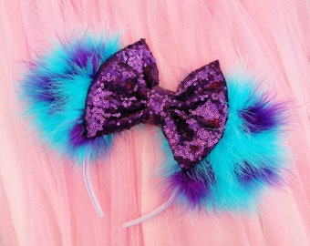 Made-To-Order Monsters Inspired Minnie Mouse Ears Satin Purple Bow Sulley Mickey Mouse Ears - Fluffy Blue Ears - Monster Academy Headband