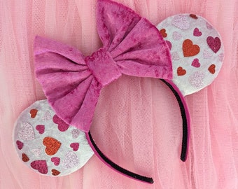 Custom Love Sensation Valentines Heart Minnie Mouse Ears with Large Bow Custom Design Minnie Ears - Mouse Ears Headband - Love Heart Ears