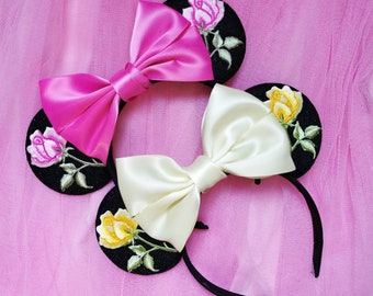 Custom Floral Minnie Mouse Ears with Rose Detail and satin Bow Stylish Minnie Ears - Rose Ears - Fantasy Princess Ears - Luby and Lola Ears