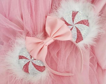 Candy Cane Minnie Mouse Ears – Fluffy Christmas Headband with Satin Bow
