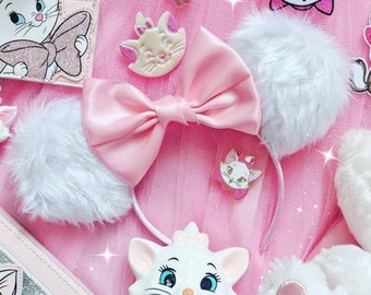 Made-To-Order Furry Marie Artistocats inspired Minnie Mouse Ears Fluffy White Minnie Ears Satin or Sequin Bow