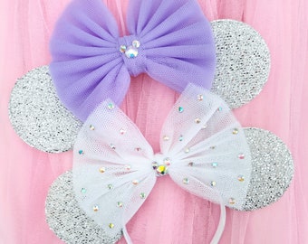 Sparkle Minnie Ears - Custom Colour Bow - Crystal Detail Minnie Mouse Ears - Princess Hen Party Accessories - Silver Minnie Ears LubyandLola