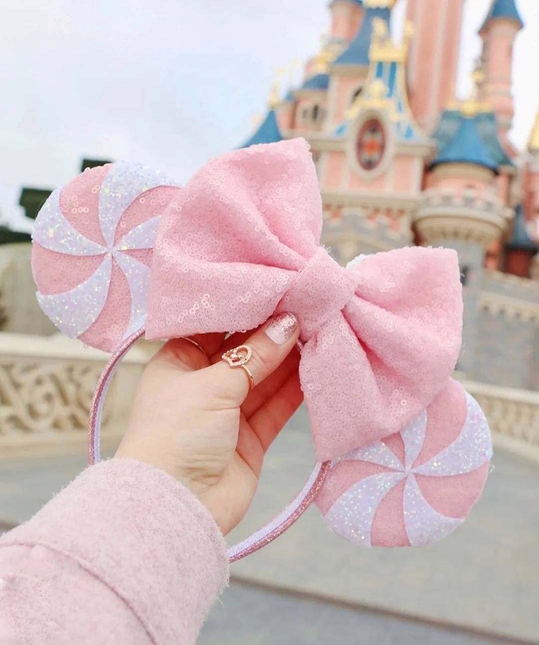 Sequin Candy Cane Minnie Mouse Ears with large sequin bow - Choose from various colours Minnie Headband