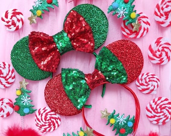 Peppermint Candy Cane Ears Sequin Christmas Bow Minnie Mouse Ears Christmas Ears Sequin Bow Minnie Ears Red Ears Green Ears Luby and Lola