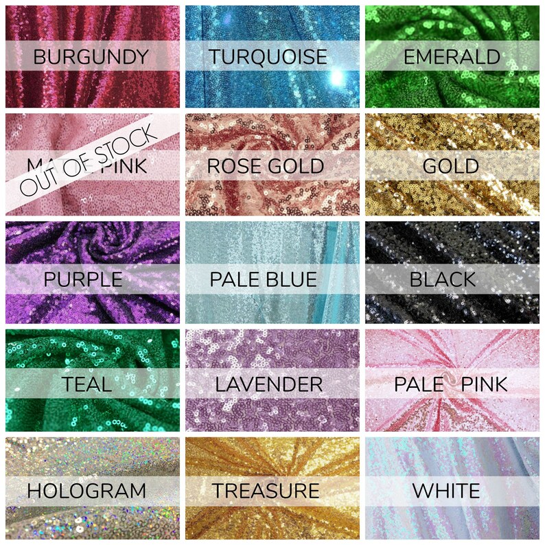 Pu&ograve; includere: Una cartella con 15 diversi colori di campioni di tessuto di paillettes. I colori sono: Borgogna, Turchese, Smeraldo, Rosa, Oro rosa, Oro, Viola, Azzurro, Nero, Teal, Lavanda, Rosa chiaro, Ologramma, Tesoro e Bianco.