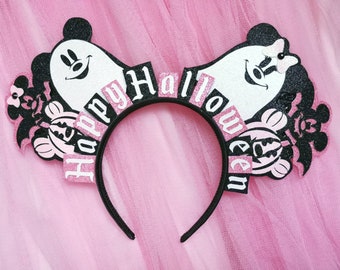 Ghost Mickey Ears - Pink Halloween Minnie Mouse Ears - Pink Pumpkin Mickey Headband - Happy Halloween Headband Mouse Ears by LubyandLola