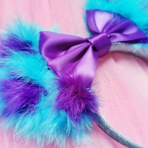 Made-To-Order Monsters Inspired Minnie Mouse Ears Satin Purple Bow Sulley Mickey Mouse Ears Fluffy Blue Ears Monster Academy Headband image 7