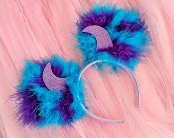 Orejas de Mickey Mouse inspiradas en monstruos hechas a medida con cuernos Orejas de Mickey Mouse Sulley - Orejas azules esponjosas - Orejas de diadema Monster Academy