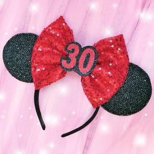 Orecchie da Topolino per il compleanno con fiocco di paillettes a scelta - vari colori Cerchietto per Minnie per il compleanno - Accessori per il compleanno di Topolino - Fiocchi per il compleanno immagine 8
