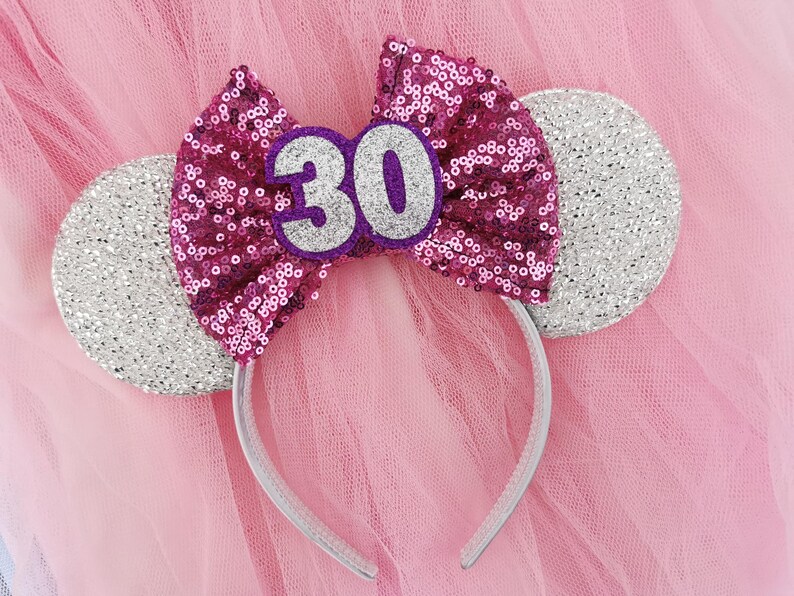 Orecchie da Topolino per il compleanno con fiocco di paillettes a scelta - vari colori Cerchietto per Minnie per il compleanno - Accessori per il compleanno di Topolino - Fiocchi per il compleanno immagine 6