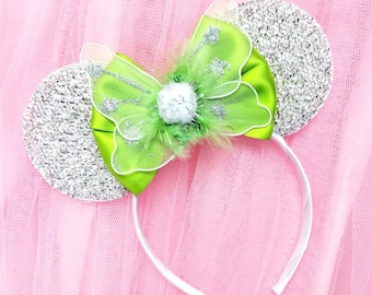 Tinkerbell Inspired Minnie Ears Green Tink Fairy Wings Minnie Mouse Ears by LubyandLola Fairy Bow Fairy Headband Magical Ears UK