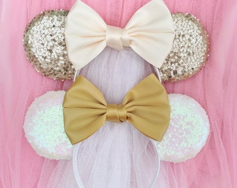 Diseña tu propio velo de novia de Minnie: orejas de Minnie Mouse con lentejuelas, lazo de satén personalizado y muchos colores para elegir. Novia de ratón