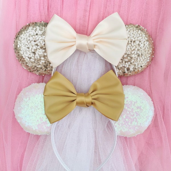 Concevez votre propre voile de mariée Minnie - Oreilles de Minnie Mouse à sequins Oreilles de mariée Noeud en satin personnalisé - Beaucoup de couleurs au choix ! Mariée souris
