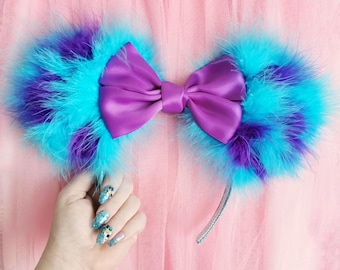 Made-To-Order Monsters Inspired Minnie Mouse Ears Satin Purple Bow Sulley Mickey Mouse Ears - Fluffy Blue Ears - Monster Academy Headband