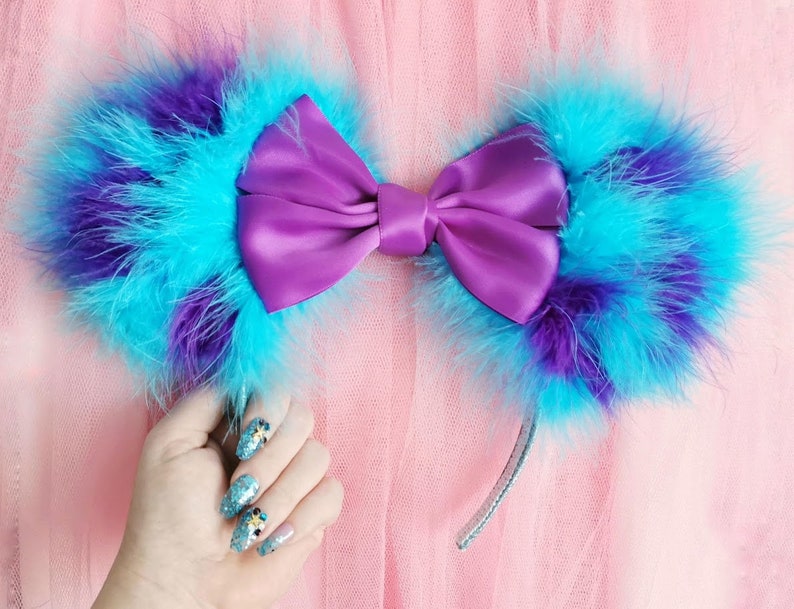 Made-To-Order Monsters Inspired Minnie Mouse Ears Satin Purple Bow Sulley Mickey Mouse Ears Fluffy Blue Ears Monster Academy Headband image 1