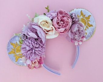 Orejas de Rapunzel - Orejas de terciopelo lila - Orejas de Minnie Mouse con flores - Orejas de diadema con corona de flores Orejas de Minnie Mouse enredadas - Orejas para adultos del Reino Unido
