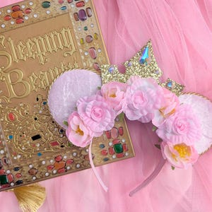 Ready To Post - Sleeping Beauty Floral Headband -  Pink Minnie Mouse Ears - Princess Ears - Make It Pink Ears - Princess Crown Ears