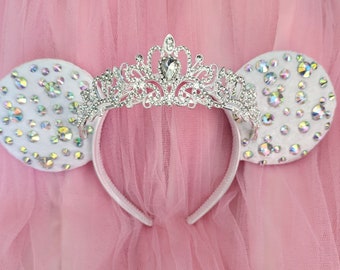 Ready to Post Deluxe Bridal Ears - White Velvet Ears with Diamante Tiara - Bride To Be Crystal Minnie Mouse Ears - Honeymoon Minnie Ears -