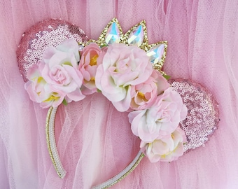 Pink Sequin Rapunzel Crown Floral Minnie Ear Minnie Mouse Ears Sequin Princess - Floral Ears - Princess Headband - Tangled Ears Pink Ears