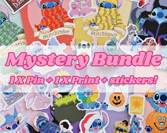 Mystery Bundle - Stitch Bundle - Enamel Stitch Pin - Magical House Pin - Magic Prints - Fantasy Pins - Surprise Sticker Bundle - Postcards