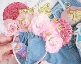Sleeping Beauty Crown Floral Minnie Ears Pink Minnie Mouse Ears Princess Headband- Floral Ears with Princess Crown Headband Luby and Lola