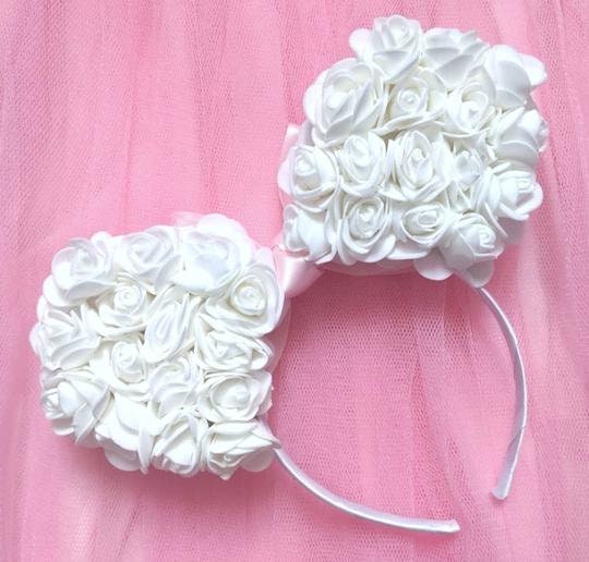 White Rose Floral Minnie Mouse Ears With Satin Bow - Perfect  display picture 3